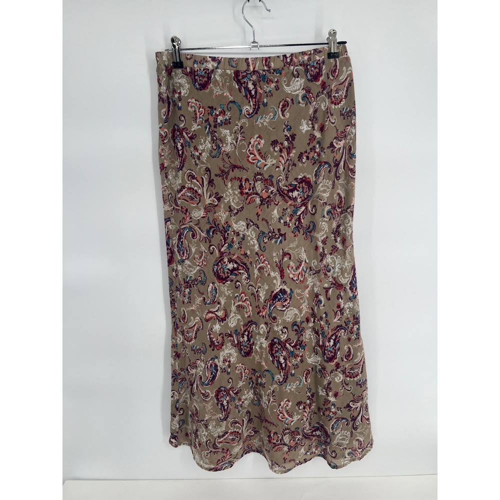 Eddie Bauer Paisley Maxi Skirt Taupe Purple Cotton Elastic Waist Petite Sz XP